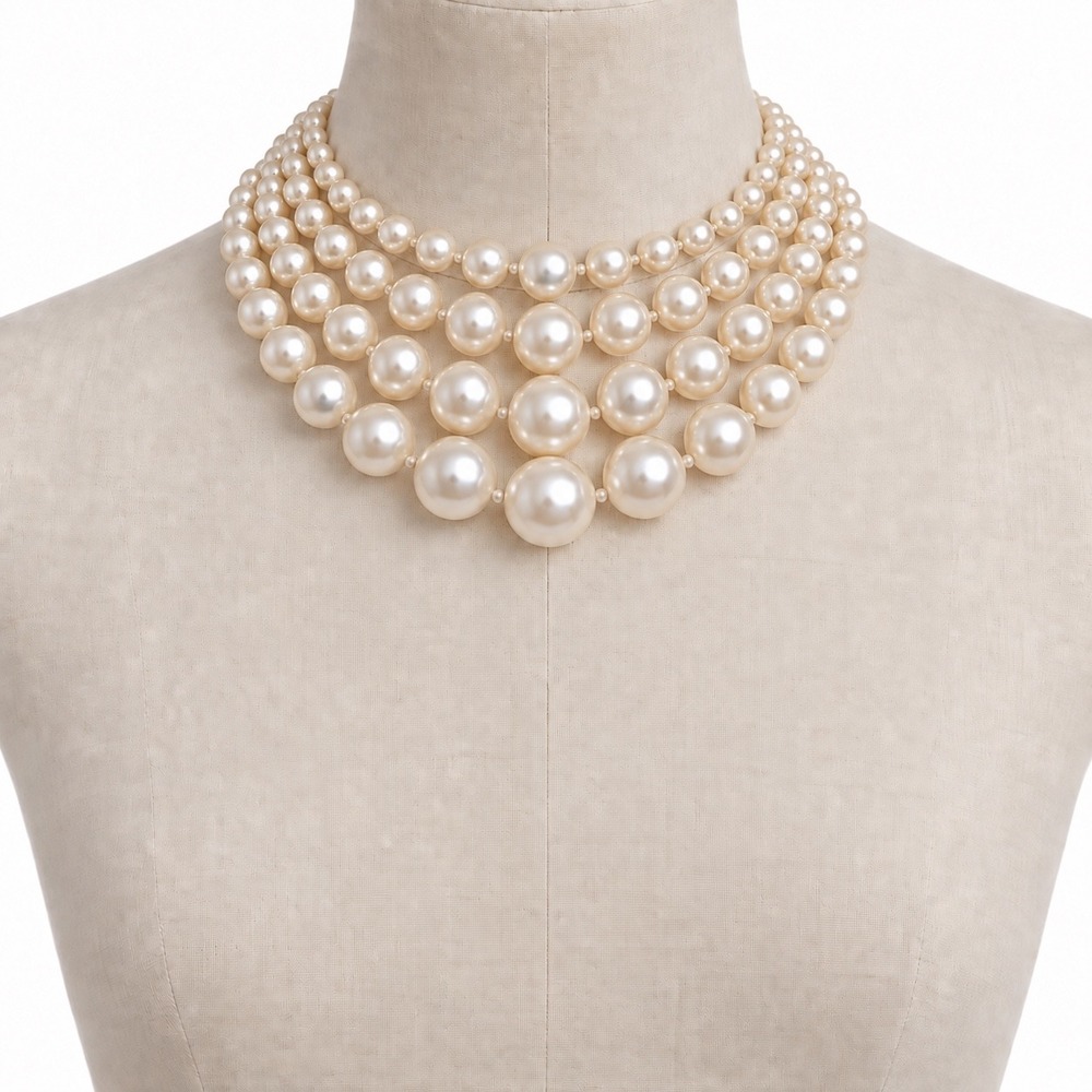 Vintage Faux Pearl Necklace Cream Graduated Four Strand Bib Statement